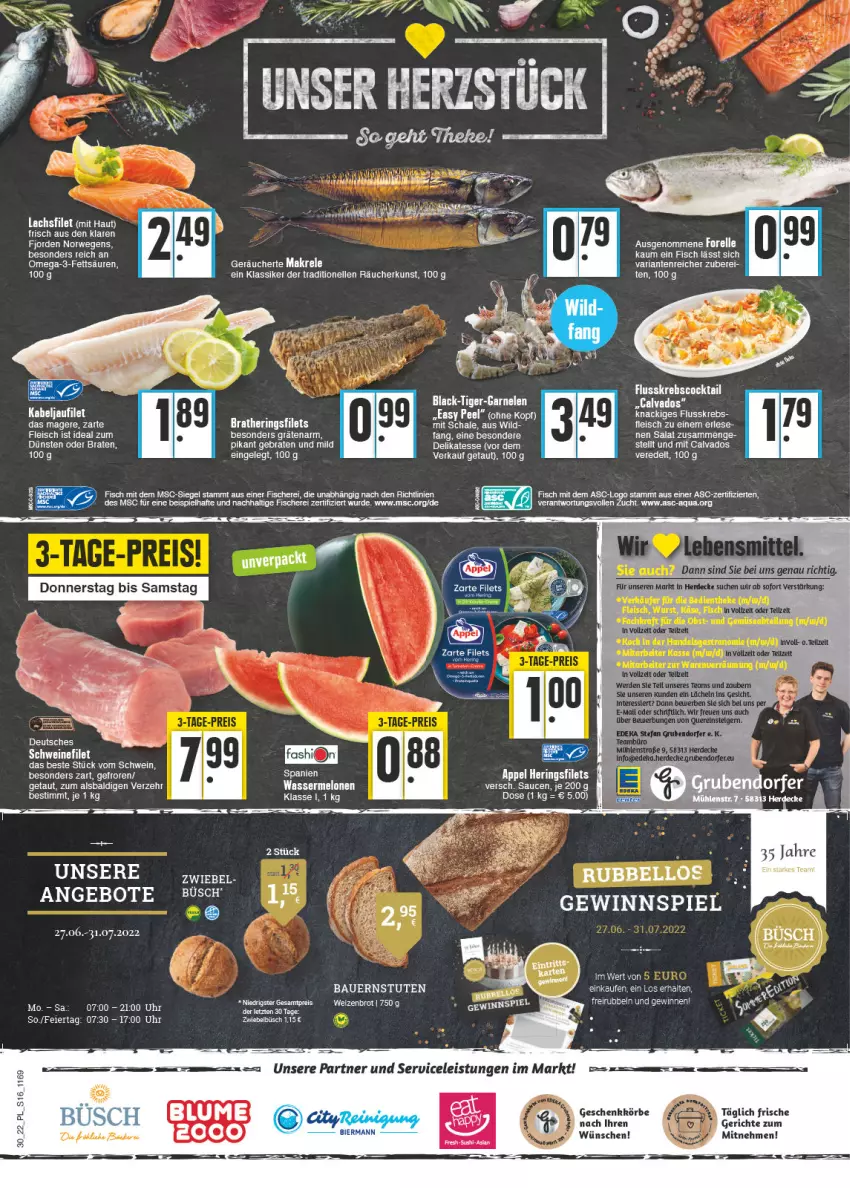 Aktueller Prospekt E Center - Angebote der Woche - von 25.07 bis 30.07.2022 - strona 16 - produkty: aldi, angebot, angebote, aqua, braten, brot, cocktail, decke, eier, eis, elle, erde, filet, filets, fisch, fische, Fischer, fleisch, garnelen, hering, Herings, heringsfilets, kabeljaufilet, Krebs, lachs, lachsfilet, lack, Makrele, melone, melonen, omega, Omega-3, rel, Ria, ring, salat, Schal, Schale, Schere, schwein, Ti, Tiger-Garnelen, uhr, wasser, wassermelone, wassermelonen, wein, Weizenbrot, Wild, ZTE, zwiebel