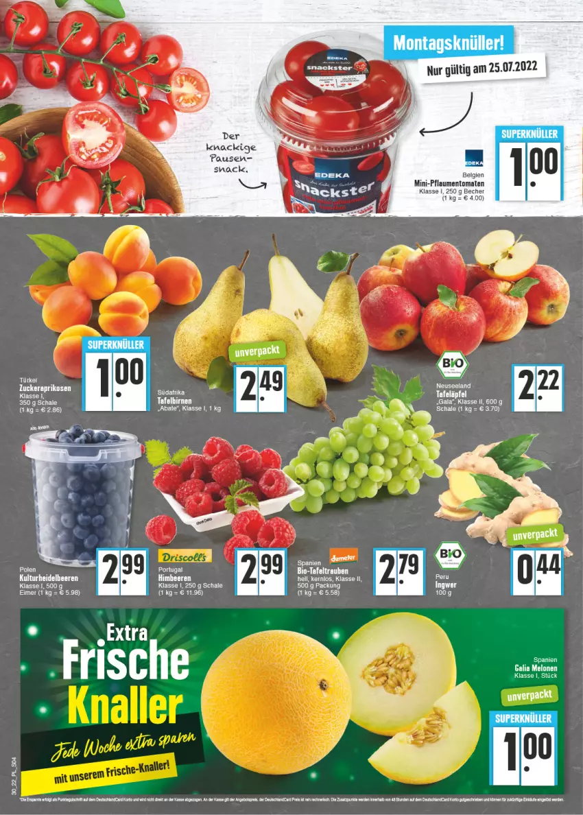 Aktueller Prospekt E Center - Angebote der Woche - von 25.07 bis 30.07.2022 - strona 4 - produkty: aprikose, aprikosen, Becher, beere, beeren, bio, eimer, ente, galia melonen, heidelbeere, heidelbeeren, LG, melone, melonen, pflaume, pflaumen, Schal, Schale, snack, tafeltrauben, tee, Ti, tomate, tomaten, Toner, trauben, zucker