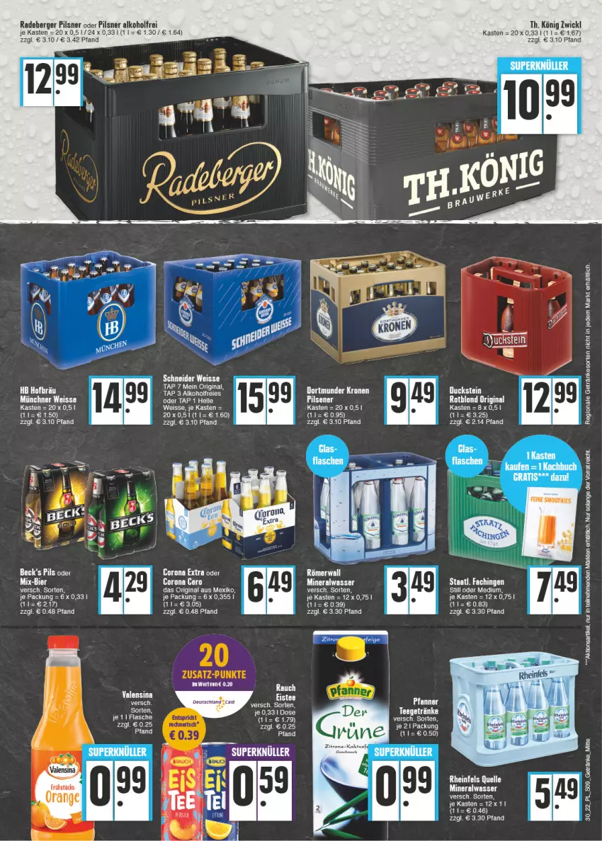 Aktueller Prospekt E Center - Angebote der Woche - von 25.07 bis 30.07.2022 - strona 9 - produkty: alkohol, Alwa, Berger, bier, corona, corona extra, Duck, eis, elle, ente, flasche, getränk, getränke, gin, mineralwasser, pils, pilsner, radeberger, radeberger pilsner, Rauch, rheinfels quelle, Staatl. Fachingen, tee, Ti, valensina, wasser, WICK, zitrone