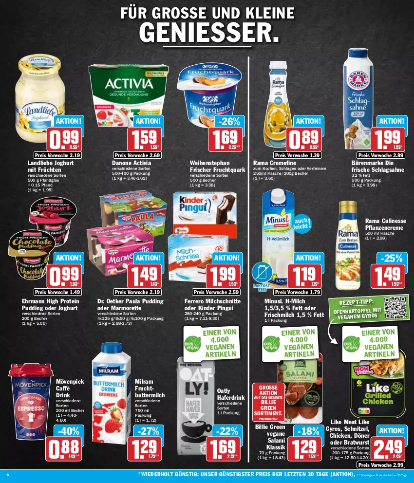 Aktueller Prospekt Hit - Wochenprospekt - von 15.04 bis 20.04.2024 - strona 8 - produkty: activia, bärenmarke, Becher, bratwurst, butter, buttermilch, creme, culinesse, danone, danone activia, Dr. Oetker, drink, ehrmann, eis, ferrero, flasche, frucht, früchte, früchten, Fruchtquark, gyros, hafer, Haferdrink, joghur, joghurt, kartoffel, Kinder, kinder pingui, landliebe, landliebe joghurt, leine, Like Meat, marmorette, milch, Milchschnitte, milram, mövenpick, Ofen, Paula, paula pudding, pflanze, pflanzen, pflanzencreme, pingui, pudding, quark, rama, rama cremefine, Rama Culinesse, reis, sahne, salami, schlagsahne, schnitzel, Ti, weihenstephan, wurst, ZTE