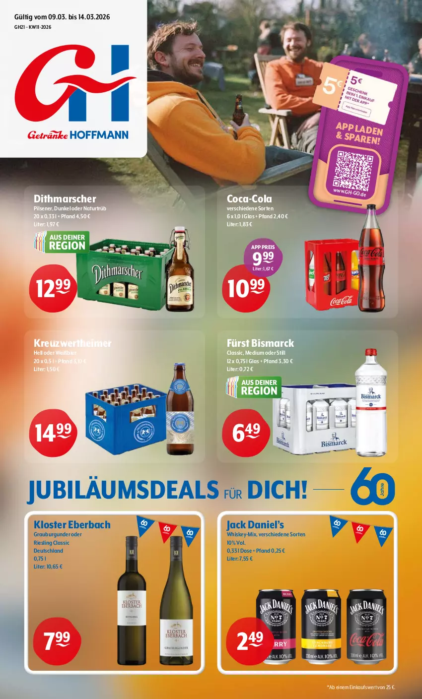 Aktueller Prospekt Getraenke Hoffmann - Prospekte - von 09.03 bis 14.03.2026 - strona 1 - produkty: bier, bismarck, burgunder, coca-cola, cola, eimer, eis, grauburgunder, jack daniel, Jack Daniel’s, Jubiläums, Kloster Eberbach, mars, natur, pils, pilsener, reis, riesling, Ti, whiskey