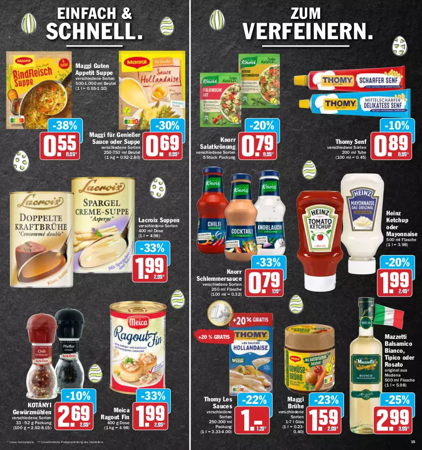 Aktueller Prospekt Aez - Prospekte - von 11.04 bis 16.04.2022 - strona 15 - produkty: balsam, balsamico, balsamico bianco, beutel, Brühe, eis, elle, flasche, gewürz, Gewürzmühle, gin, heinz, ketchup, knorr, Kotányi, maggi, mayonnaise, meica, Mode, Ragout, reis, rosato, salat, salatkrönung, sauce, schlemmersauce, senf, suppe, suppen, teller, thomy, thomy les sauces, Ti, Tipi, Yo