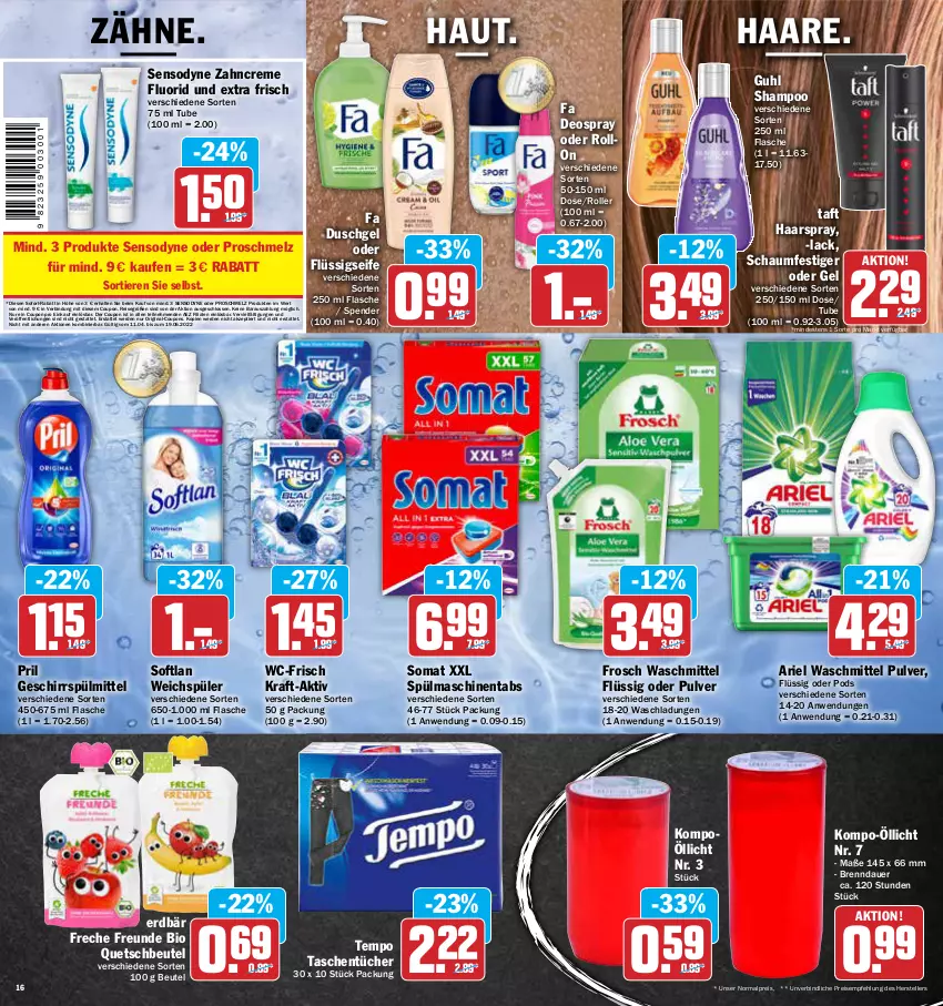 Aktueller Prospekt Aez - Prospekte - von 11.04 bis 16.04.2022 - strona 16 - produkty: AEZ, ariel, ariel waschmittel, auer, beutel, bio, coupon, coupons, creme, deo, deospray, duschgel, eis, elle, Erdbär, erde, fa duschgel, flasche, flüssigseife, freche freunde, Frosch, geschirr, geschirrspülmittel, gin, Guhl, haarspray, kraft, lack, Pods, pril, quetschbeutel, reis, Roller, schaumfestiger, Seife, sensodyne, shampoo, sofort-rabatt, Softlan, somat, spülmaschinen, spülmaschinentabs, spülmittel, Taft, Tasche, taschen, taschentücher, teller, Tempo, Ti, Tiere, tücher, waschmittel, weichspüler, zahncreme