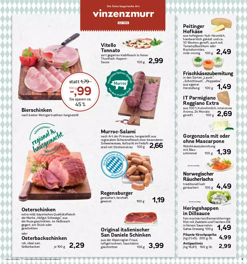 Aktueller Prospekt Aez - Prospekte - von 11.04 bis 16.04.2022 - strona 5 - produkty: antipasti, asti, auer, basilikum, bier, bierschinken, bismarck, burger, dressing, eis, elle, Feigen, frischkäse, frischkäsezubereitung, gewürz, gin, gorgonzola, hering, Herings, Heringshappen, Heu, heumilch, hofgut, HP, Käse, kirsch, lachs, mascarpone, milch, mit zwiebeln, nuss, paprika, parmigiano, parmigiano reggiano, Rauch, Räucherlachs, regensburger, reggiano, reis, Ria, ring, rwe, sahne, salami, sauce, Sauerrahm, schinken, schnitten, schnittlauch, schwein, schweine, teller, Ti, tomate, uhr, Vitello Tonnato, weichkäse, wein, weine, zwiebel, zwiebeln