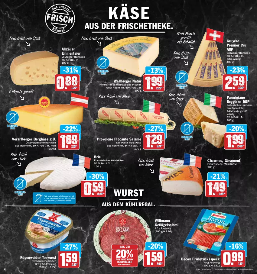 Aktueller Prospekt Aez - Prospekte - von 11.04 bis 16.04.2022 - strona 8 - produkty: aus dem kühlregal, bacon, Berger, Bergkäse, brie, chaumes, eis, elle, emmentaler, französischer weichkäse, Frühstücksspeck, Geflügel, géramont, hartkäse, Heu, heumilch, italienischer hartkäse, Käse, kühlregal, LG, milch, natur, parmigiano, parmigiano reggiano, pasta, Provolone, regal, reggiano, reis, rügenwalder, salami, schnittkäse, schweizer hartkäse, Speck, tee, teewurst, teller, tender, weichkäse, wiltmann, wurst