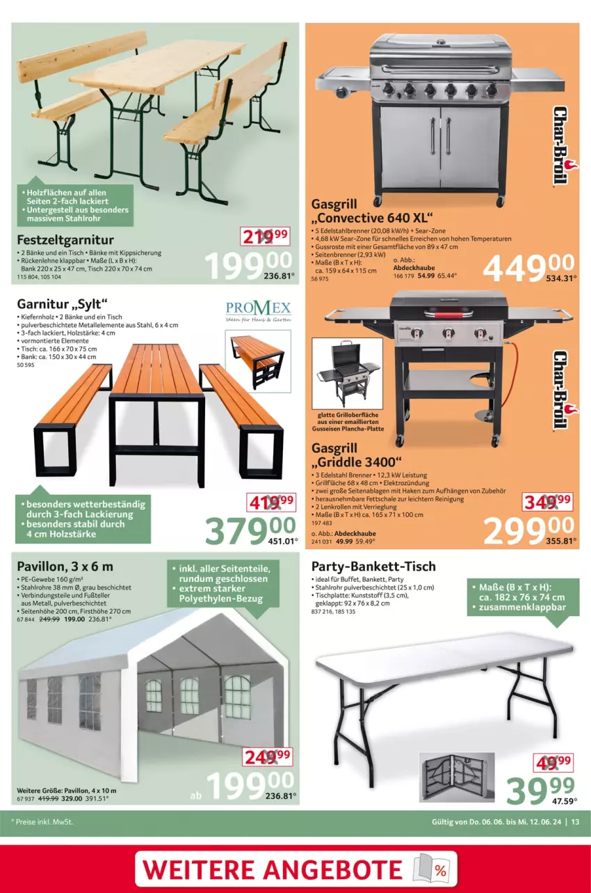 Aktueller Prospekt Selgros - Non Food - von 06.06 bis 12.06.2024 - strona 13 - produkty: abdeckhaube, angebot, angebote, Bank, edelstahl, eier, eis, Elektro, elle, ente, garnitur, Garten, gasgrill, grill, grillfläche, grillo, Holz, HP, lack, latte, pavillon, Reinigung, rückenlehne, Schal, Schale, teller, Ti, tisch, tischplatte, Zelt