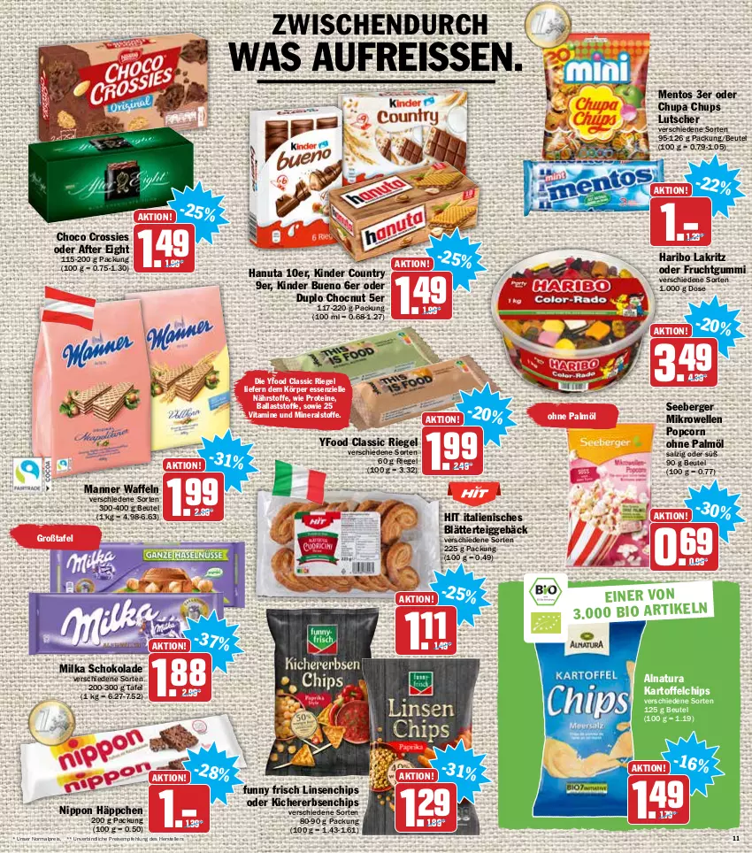 Aktueller Prospekt Hit - Prospekte - von 24.01 bis 29.01.2022 - strona 11 - produkty: after eight, ball, Berger, beutel, blätterteig, blätterteiggebäck, chips, choco crossies, chupa, chupa chups, crossies, duplo, eis, elle, erbsen, frucht, fruchtgummi, Funny Frisch, hanuta, haribo, kartoffel, kartoffelchips, kichererbsen, Kinder, kinder bueno, kinder country, Lakritz, linsen, Lutscher, Manner, mentos, mikrowelle, milka, milka schokolade, natur, natura, nippon, ohne palmöl, popcorn, reis, reiss, riegel, salz, schoko, schokolade, seeberger, teller, Ti, vita, Vitamine, waffeln