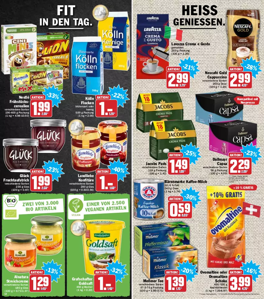 Aktueller Prospekt Hit - Prospekte - von 24.01 bis 29.01.2022 - strona 12 - produkty: aufstrich, bärenmarke, Becher, beutel, Blüte, Cap, cappuccino, cerealien, cin, creme, dallmayr, dallmayr capsa, eis, elle, espresso, frucht, fruchtaufstrich, goldsaft, grafschafter, jacobs, kaffee, kölln, konfitüre, landliebe, lavazza, Meßmer, milch, natur, natura, Nescafé, nescafé gold, nespresso, nestlé, ovomaltine, reis, saft, schoko, tee, teller, Ti