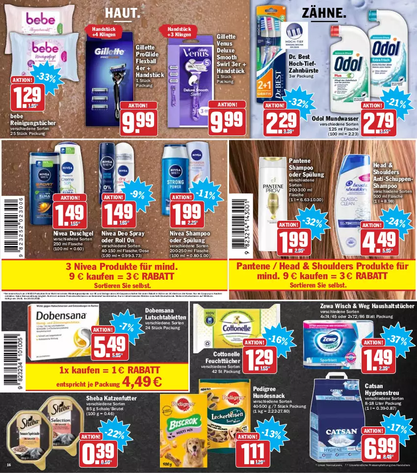 Aktueller Prospekt Hit - Prospekte - von 24.01 bis 29.01.2022 - strona 16 - produkty: ball, Bebe, beutel, bürste, catsan, cottonelle, coupon, coupons, deo, deo spray, Dr. Best, duschgel, eier, eis, elle, feuchttücher, flasche, gillette, gillette venus, haushaltstücher, hundesnack, katzenfutter, mundwasser, nivea, Odol, pantene, pedigree, Reinigung, reinigungstücher, reis, sana, Schal, Schale, shampoo, shampoo oder spülung, sheba, snack, spülung, swirl, tablet, tablett, Tablette, teller, Ti, Tiere, tücher, venus, wasser, zahnbürste, zewa