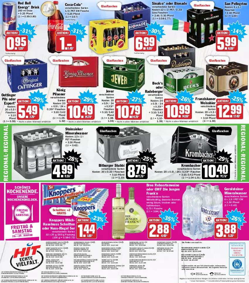 Aktueller Prospekt Hit - Prospekte - von 24.01 bis 29.01.2022 - strona 20 - produkty: Alwa, angebot, angebote, auer, Bad, Berger, bier, bio, bionade, bitburger, braun, bree, burger, coca-cola, cola, drink, drucker, eimer, eis, elle, Engel, ente, fisch, flasche, franziskaner, gerolsteine, gerolsteiner, glasflasche, haselnuss, jever, kerze, knoppers, könig pilsener, krombache, krombacher, Lübecker, milch, mineralwasser, nuss, oettinger, pils, pilsener, radeberger, Rauch, rebsortenweine, red bull, reis, riegel, san pellegrino, schnitten, sinalco, steiner, Steinsieker, teller, Ti, uhr, wasser, wein, weine, weissbier