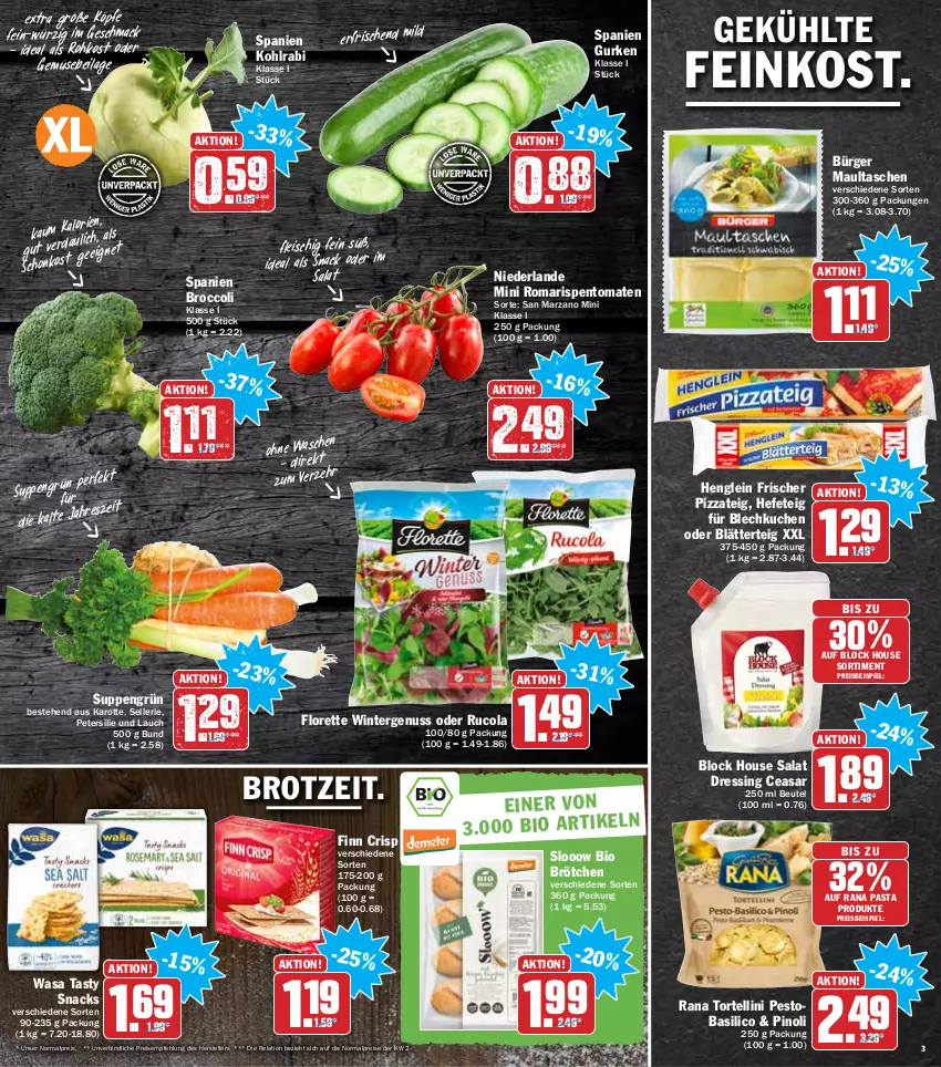 Aktueller Prospekt Hit - Prospekte - von 24.01 bis 29.01.2022 - strona 3 - produkty: basilico, beutel, bio, blätterteig, broccoli, brot, brötchen, cola, dressing, eis, elle, feinkost, fleisch, florette, gurke, gurken, Hefe, henglein, ilag, kohlrabi, kuchen, mac, maultaschen, nuss, pasta, pesto, petersilie, pizza, Pizzateig, Rana, reis, rel, rispentomaten, rucola, salat, snack, snacks, suppe, suppen, Tasche, taschen, teller, tender, Ti, tomate, tomaten, torte, tortellini, wasa