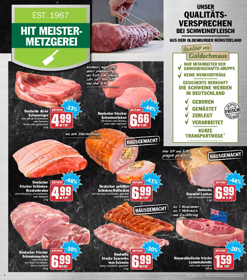 Aktueller Prospekt Hit - Prospekte - von 24.01 bis 29.01.2022 - strona 4 - produkty: bacon, braten, burger, eis, elle, erde, fleisch, Germ, gewürz, kasseler, Kette, kotelett, krustenbraten, lachs, lamm, lammkotelett, Meister, milch, mit gemüse, natur, pfanne, pfannen, reis, rollbraten, rum, saft, schinken, schwein, schweine, schweinefleisch, schweinenacken, schweinerücken, spareribs, Sport, steak, steaks, teller, Ti, wein, weine