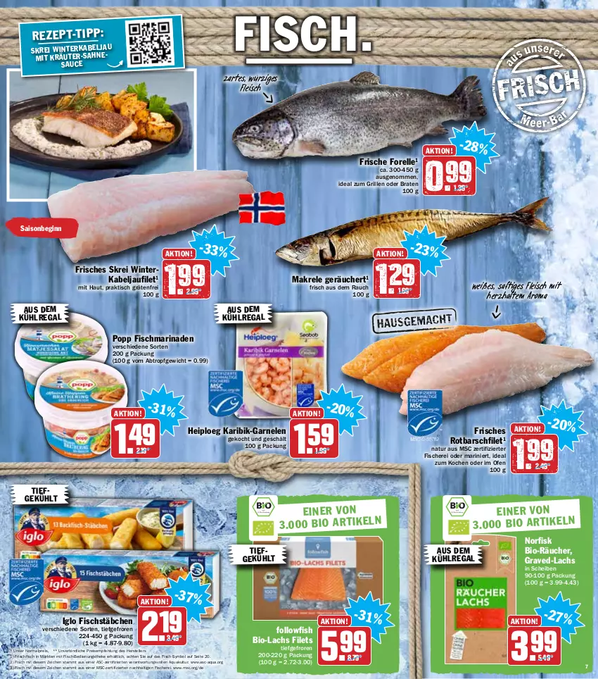 Aktueller Prospekt Hit - Prospekte - von 24.01 bis 29.01.2022 - strona 7 - produkty: aqua, aus dem kühlregal, bio, braten, eis, elle, filet, filets, fisch, fische, Fischer, fischstäbchen, fleisch, followfish, forelle, frischfisch, garnelen, gin, grill, ideal zum grillen, iglo, kabeljaufilet, kühlregal, lachs, Makrele, marinade, natur, Ofen, Popp, Rauch, regal, reis, rel, Rotbarsch, rotbarschfilet, saft, sauce, Schere, teller, Ti, tisch