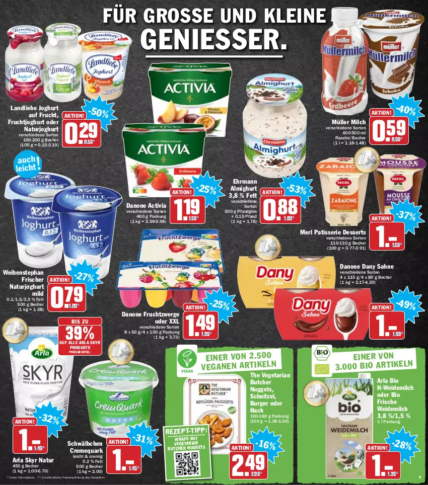 Aktueller Prospekt Hit - Prospekte - von 24.01 bis 29.01.2022 - strona 9 - produkty: activia, almighur, almighurt, arla, arla skyr, Becher, bio, burger, creme, danone, danone activia, danone fruchtzwerge, Dany, dany sahne, dessert, desserts, ehrmann, ehrmann almighurt, eis, elle, flasche, frucht, fruchtjoghurt, fruchtzwerge, joghur, joghurt, joghurt mild, landliebe, landliebe joghurt, leine, merl, milch, Müller, natur, naturjoghurt, nuggets, quark, reis, Ria, sahne, schnitzel, Skyr, teller, tender, The Vegetarian Butcher, Ti, Vegeta, weidemilch, weihenstephan, wrap, wraps