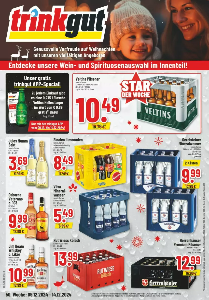 Aktueller Prospekt Trinkgut - Prospekte - von 08.12 bis 14.12.2024 - strona 1 - produkty: Alwa, elle, flasche, gerolsteine, gerolsteiner, jules mumm, limo, limonade, limonaden, mineralwasser, mumm, nuss, osborne, pils, pilsener, premium pils, sinalco, steiner, Ti, veltins, veltins pilsener, vilsa, wasser, whiskey