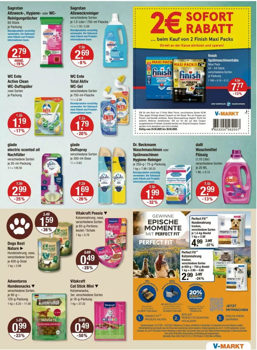 Aktueller Prospekt Vmarkt - Prospekte - von 24.07 bis 30.07.2025 - strona 11 - produkty: adventuros, allzweckreiniger, bett, beutel, bio, biozidprodukte, coupon, coupons, dalli, Dr. Beckmann, Duftspray, ente, erde, Finish, flasche, gin, Glade, hundenahrung, hundesnack, hundesnacks, hygiene-reiniger, katzennahrung, katzensnack, katzensnacks, kraft, mac, natur, Perfect Fit, Rauch, reiniger, Reinigung, reinigungstücher, rwe, sagrotan, Schal, Schale, snack, snacks, spülmaschinen, spülmaschinentabs, Ti, tücher, vita, vitakraft, waschmaschine, waschmaschinen, waschmittel, wc ente, wc-gel, weck