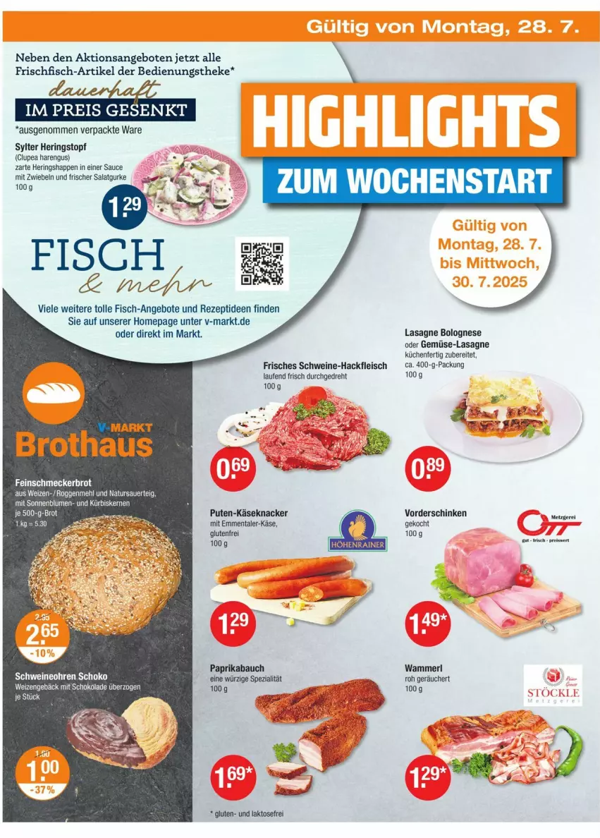 Aktueller Prospekt Vmarkt - Prospekte - von 24.07 bis 30.07.2025 - strona 18 - produkty: angebot, angebote, auer, Bau, blume, blumen, bolognese, eis, emmentaler, fisch, fleisch, frischfisch, gurke, hackfleisch, hering, Herings, Heringshappen, Käse, knacker, küche, Küchen, Kürbis, kürbiskerne, lasagne, Laufen, mehl, merl, mit zwiebeln, natur, Omep, paprika, pute, reis, rezept, ring, salat, Salatgurke, sauce, schinken, schoko, schwein, schweine, sonnenblume, sonnenblumen, Spezi, Sylter, Ti, topf, wein, weine, zwiebel, zwiebeln