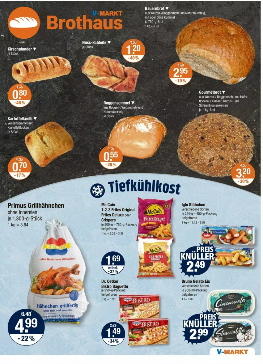 Aktueller Prospekt Vmarkt - Prospekte - von 24.07 bis 30.07.2025 - strona 5 - produkty: auer, baguette, Bau, Bauer, Bistro Baguette, brot, bruno gelato, Dr. Oetker, eis, gin, grill, grillhähnchen, HP, iglo, je 250-g-packung, kartoffel, kirsch, Kürbis, LG, natur, Plunder, Semmel, Ti, tiefkühlkost