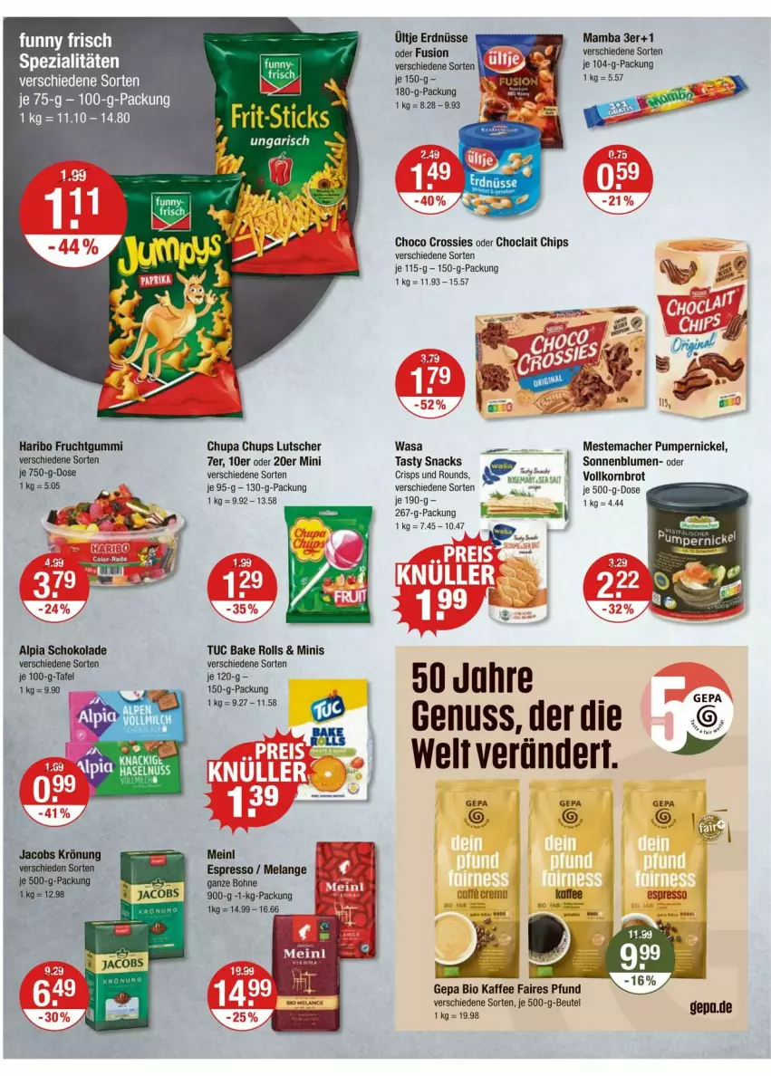 Aktueller Prospekt Vmarkt - Prospekte - von 24.07 bis 30.07.2025 - strona 8 - produkty: alpia, beutel, bio, blume, blumen, brot, chips, choclait chips, choco crossies, chupa, chupa chups, crossies, erdnüsse, frucht, fruchtgummi, Funny Frisch, haribo, kaffee, korn, Kornbrot, Lutscher, mac, mam, mestemacher, nuss, Pumpernickel, schoko, schokolade, snack, snacks, sonnenblume, sonnenblumen, Spezi, tee, tuc, ültje, ültje erdnüsse, vollkornbrot, wasa