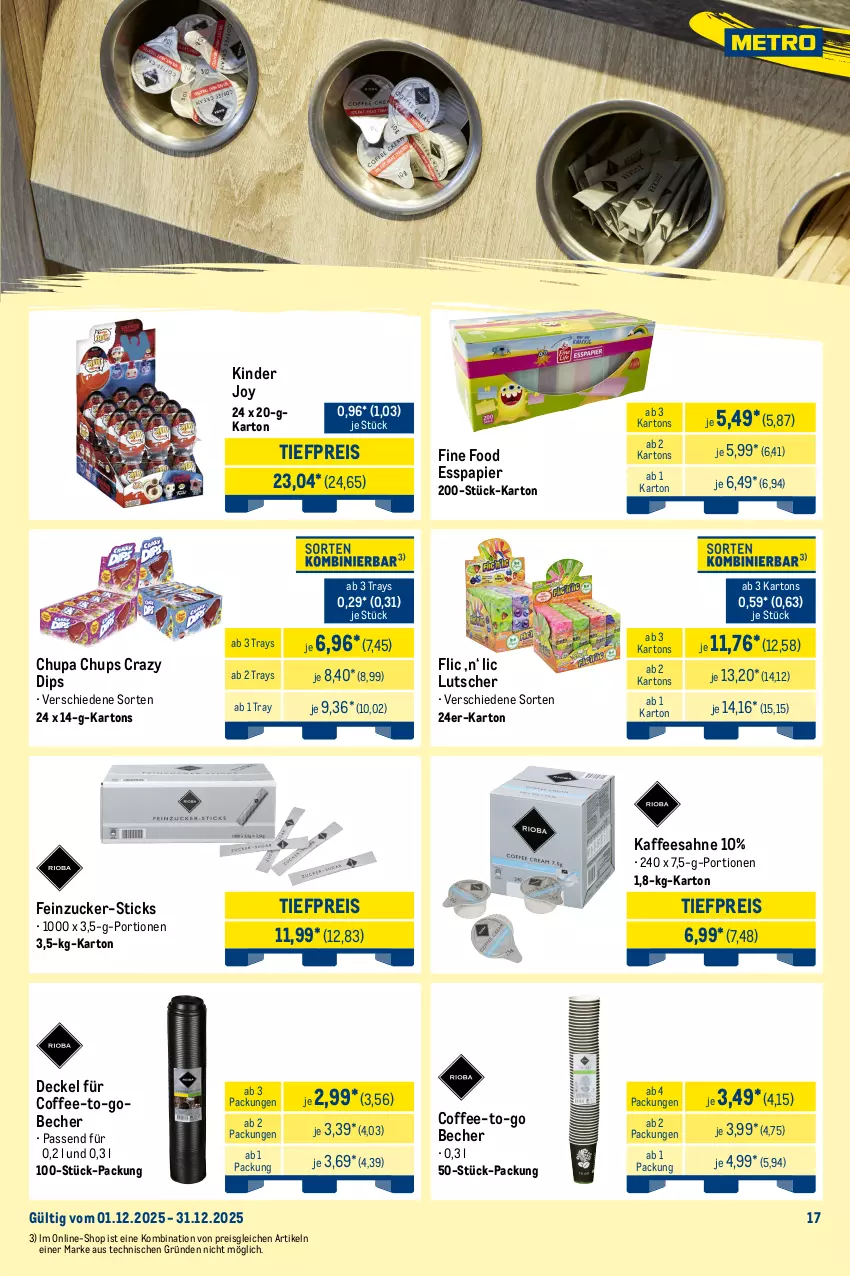 Aktueller Prospekt Metro - Monats-Mix - von 01.12 bis 31.12.2025 - strona 17 - produkty: Becher, chupa, chupa chups, decke, Deckel, dip, eis, hanuta, kaffee, kakao, Kinder, knoppers, leibniz, Lutscher, Manner, Metro, metro gastro, nuss, oreo, papier, reis, ritter, ritter sport, sahne, Sport, Ti, tiefpreis, waffeln, zucker
