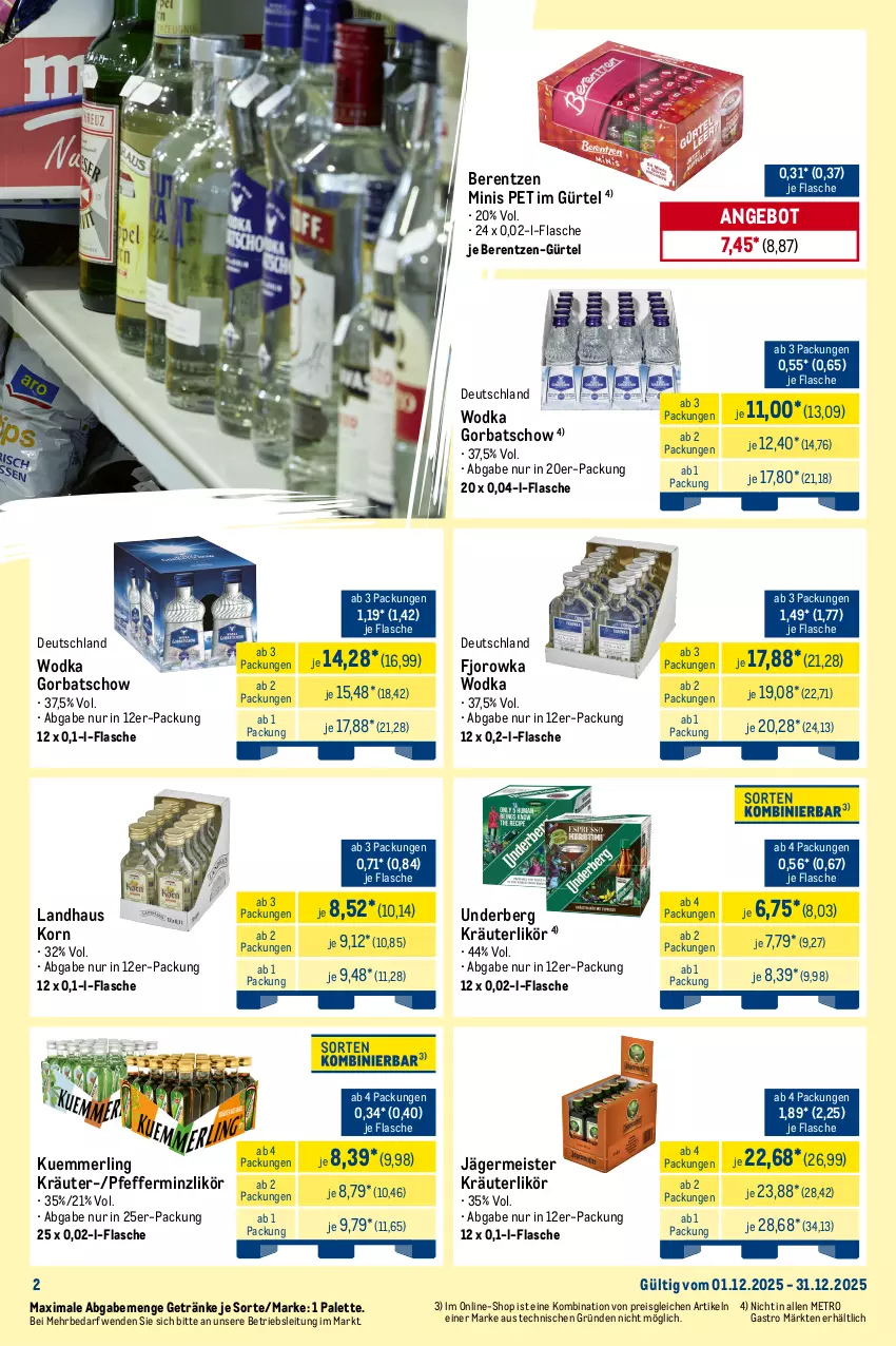 Aktueller Prospekt Metro - Monats-Mix - von 01.12 bis 31.12.2025 - strona 2 - produkty: angebot, bacardi, berentzen, cola, Effect, eis, flasche, Germ, getränk, getränke, Gorbatschow, Havana Club, jack daniel, jägermeister, jim beam, korn, kräuter, kräuterlikör, kuemmerling, likör, Meister, merl, Metro, mojito, Palette, pfeffer, pfefferminzlikör, reis, Ti, underberg, vodka, wodka
