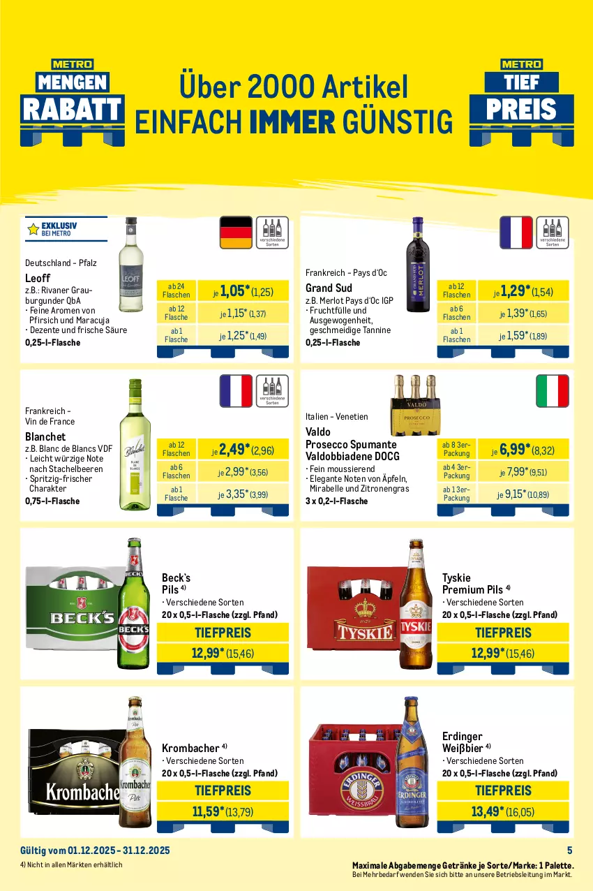 Aktueller Prospekt Metro - Monats-Mix - von 01.12 bis 31.12.2025 - strona 5 - produkty: angebot, aperol, beere, beeren, bier, bombay sapphire, burgunder, Cap, captain morgan, chantré, cola, de blancs, ecco, eier, eierlikör, eis, elle, ente, erdinger, flasche, frucht, getränk, getränke, grand sud, grauburgunder, krombache, krombacher, likör, lillet, maracuja, merl, merlot, Metro, mojito, Palette, pfirsich, pils, premium pils, prosecco, puma, reis, Rivaner, rum, sapphire, spumante, Stachelbeeren, Tanqueray, Ti, tiefpreis, tonic, tyskie, valdo, verpoorten, vin de france, wein, weinbrand, white rum, yeni raki, zitrone, zitronen