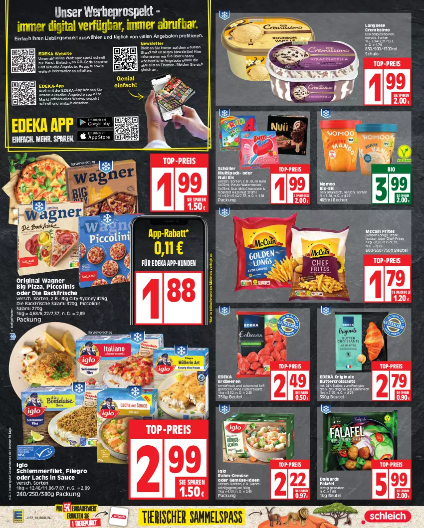 Aktueller Prospekt Edeka - Angebote der Woche - von 11.09 bis 16.09.2023 - strona 10 - produkty: angebot, angebote, Becher, beere, beeren, beutel, bio, braten, butter, cola, cremissimo, Croissant, croissants, deka, eis, elle, erdbeere, erdbeeren, Falafel, filegro, filet, gin, Golden Longs, iglo, lachs, langnese, langnese cremissimo, mccain, nuii, original wagner, piccolinis, pizza, rahm-gemüse, reis, rezept, rezepte, salami, sauce, Schal, Schale, schlemmerfilet, Schöller, sim, steak, Ti, Tiere, top-preis, wagner, ZTE, zucker