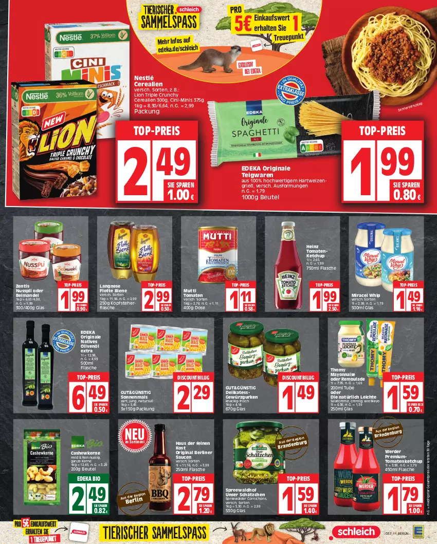 Aktueller Prospekt Edeka - Angebote der Woche - von 11.09 bis 16.09.2023 - strona 11 - produkty: Belmandel, berliner, beutel, bio, Cashew, cashewkerne, cerealien, cin, creme, deka, discount, edeka bio, eis, erde, flasche, gewürz, Gewürzgurke, gewürzgurken, gin, gurke, gurken, hartweizen, heinz, ketchup, langnese, lion, mais, mandel, mayonnaise, miracel, miracel whip, Mutti, natives olivenöl, natur, nestlé, nuss, nusspli, olive, oliven, olivenöl, olivenöl extra, reis, remoulade, salat, salatcreme, sauce, saucen, Schleich, spreewälder, spreewaldhof, teigwaren, thomy, Ti, tomate, tomaten, tomatenketchup, top-preis, Yo, zentis, ZTE