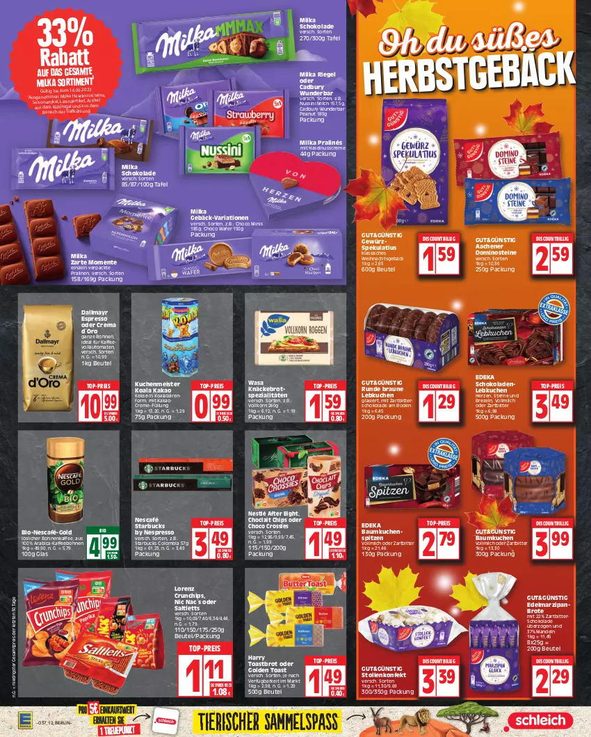 Aktueller Prospekt Edeka - Angebote der Woche - von 11.09 bis 16.09.2023 - strona 12 - produkty: after eight, aus dem kühlregal, auto, Bau, beutel, bio, bohne, bohnen, bohnenkaffee, braun, brezel, Brezeln, brot, chips, choclait chips, choco crossies, creme, crossies, crunchips, dallmayr, deka, discount, Dominosteine, Edelmarzipan, eis, ente, espresso, espresso oder, gewürz, golden toast, haselnuss, Haselnusscreme, kaffee, kaffeebohnen, kaffeevollautomat, kaffeevollautomaten, kakao, keks, kekse, knäckebrot, korn, kuchen, kuchenmeister, kühlregal, Lebkuchen, lorenz, lorenz crunchips, löslicher bohnenkaffee, mandel, mandeln, marzipan, Meister, milch, milka, milka schokolade, Nescafé, nespresso, nestlé, nuss, pralinen, regal, reis, Ria, riegel, saltletts, schoko, schokolade, schokoladen, Spezi, starbucks, Stollen, Ti, toast, Toastbrot, tomate, tomaten, top-preis, vollautomaten, vollmilch, wasa, Zartbitterschokolade, ZTE