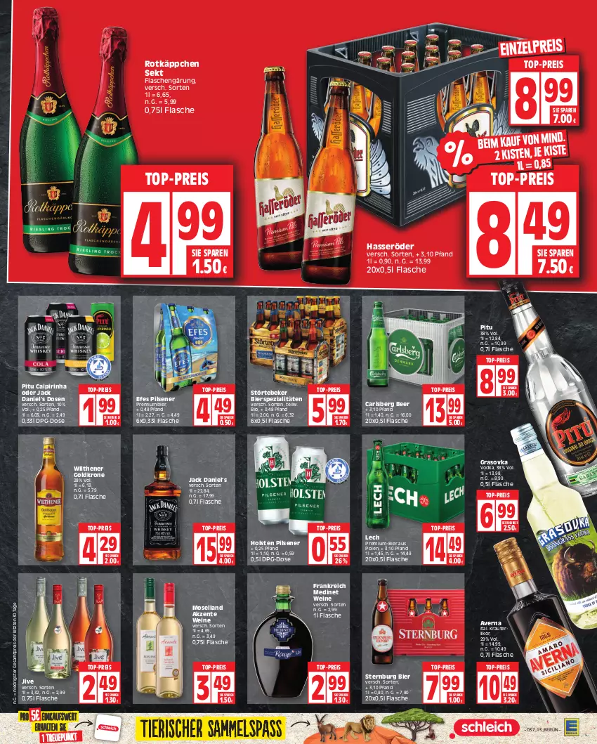 Aktueller Prospekt Edeka - Angebote der Woche - von 11.09 bis 16.09.2023 - strona 13 - produkty: averna, bier, bierspezialitäten, bio, caipirinha, carlsberg, carlsberg beer, eis, ente, flasche, goldkrone, hasseröder, holsten, holsten pilsener, jack daniel, kräuter, krone, likör, medinet, moselland, pils, pilsener, Premiumbier, reis, rotkäppchen, sekt, Spezi, Sternburg, störtebeker, top-preis, vodka, wein, weine, wilthener, Wilthener Goldkrone, ZTE