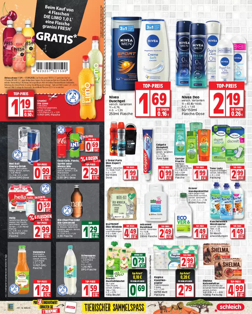 Aktueller Prospekt Edeka - Angebote der Woche - von 11.09 bis 16.09.2023 - strona 14 - produkty: alleinfuttermittel, Alwa, Bad, beutel, bio, Blüte, Brei, coca-cola, cola, colgate, coupon, coupons, creme, deka, deo, drink, duschbad, duschgel, edeka bio, eis, eistee, erfrischungsgetränk, fanta, flasche, frucht, fruchtsäfte, fructis, garnier, getränk, gin, granini, granini die limo, hella, Kamill, kamille, katzenfutter, Kuschelweich, LG, limo, limonade, limonaden, mac, Mezzo Mix, mineralwasser, mit frucht, natürliches mineralwasser, Nektar, nivea, papier, quetschbeutel, red bull, reis, Ria, säfte, schweppes, sebamed, shampoo, shampoo oder spülung, sprite, spülmittel, spülung, tee, Tena Lady, Ti, toilettenpapier, top-preis, valensina, wasser, weichspüler, windeln, zahncreme, ZTE