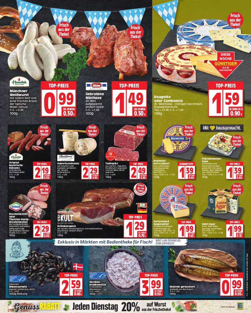 Aktueller Prospekt Edeka - Angebote der Woche - von 11.09 bis 16.09.2023 - strona 5 - produkty: ananas, appenzeller, aufschnitt, aufstrich, axe, Beemster, braten, bratenaufschnitt, brezel, brot, brotaufstrich, cambozola, doppelrahmstufe, dressing, einkaufstipp, eis, elle, feinschmecker, fisch, fleisch, gewürz, gin, hartkäse, Haxe, honig, kabanos, Käse, kräuter, kräutern, krustenbraten, mac, mais, Makrele, malz, mandarine, mandarinen, mayonnaise, meerrettich, Muscheln, Nordsee, nuss, Ofen, Rauch, reis, rel, Rettich, rind, rindfleisch, rouge, rougette, saft, saftschinken, Saint Agur, salat, schinken, schinkenspeck, Schmalz, schnittkäse, schweizer hartkäse, senf, Speck, Spezi, tafelspitz, Ti, top-preis, weichkäse, Weißwurst, würfel, wurst, Yo, ZTE, zwiebel, zwiebeln