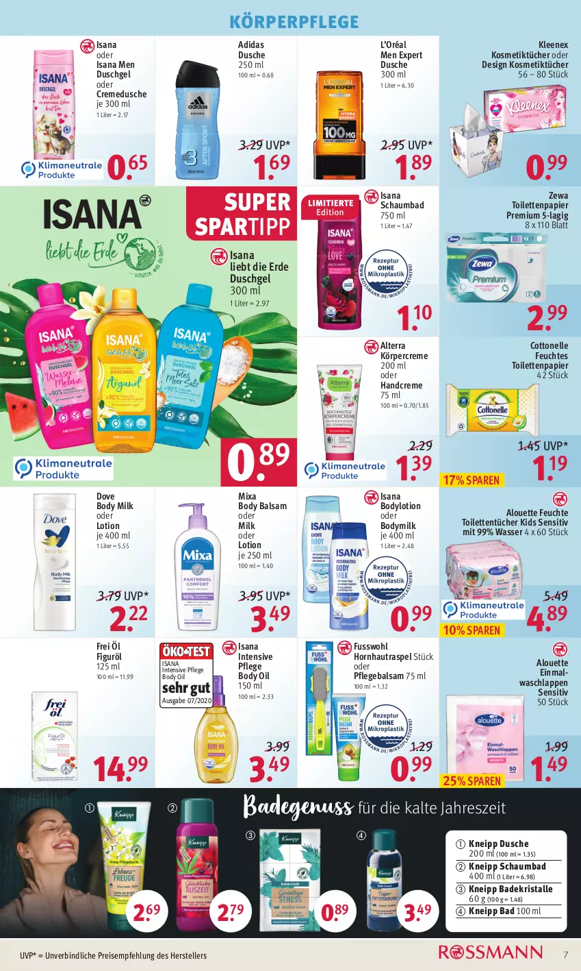 Aktueller Prospekt Rossmann - Prospekte - von 31.01 bis 04.02.2022 - strona 11 - produkty: Adidas, alouette, alterra, Alwa, Bad, Badekristalle, balsam, body, body milk, bodylotion, Bodymilk, cottonelle, creme, cremedusche, dove, dusche, duschgel, Einmalwaschlappen, eis, elle, erde, feuchtes toilettenpapier, Fusswohl, handcreme, Hornhautraspel, isana, kneipp, Körpercreme, körperpflege, kosmetik, Kosmetiktücher, Lotion, Mixa, nuss, papier, Pflegebalsam, reis, sana, schaumbad, spartipp, teller, Ti, toilettenpapier, toilettentücher, tücher, waschlappen, wasser, zewa