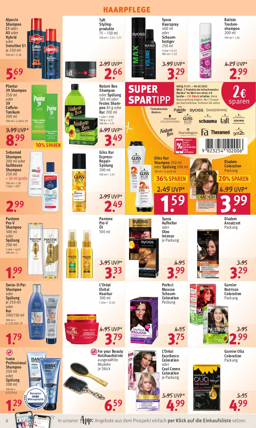 Aktueller Prospekt Rossmann - Prospekte - von 31.01 bis 04.02.2022 - strona 12 - produkty: alpecin, angebot, angebote, bürste, cin, coffein, coupon, creme, dell, diadem, elle, elvital, For Your Beauty, garnier, gliss, gliss kur, haarpflege, haarspray, Holz, isana, Mode, mousse, natur, nature box, Nutrisse, oder schaumfestiger, pantene, pantene pro-v, pro-v, sana, schaumfestiger, sebamed, shampoo, shampoo 250 ml, shampoo oder spülung, spartipp, spülung, spülung 200 ml, Swiss-o-Par, syoss, Taft, Ti, Tiere, Trockenshampoo, vita, Yo