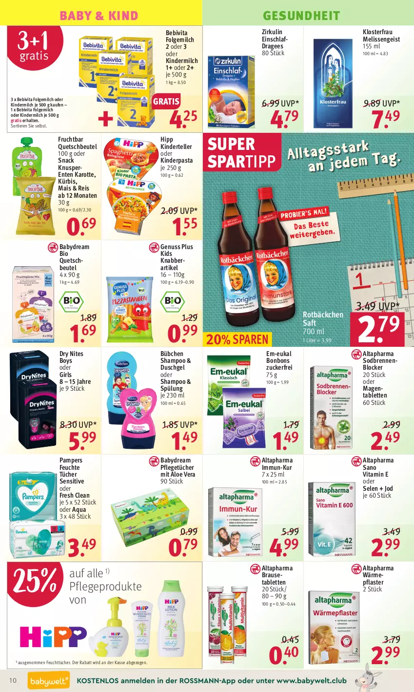 Aktueller Prospekt Rossmann - Prospekte - von 31.01 bis 04.02.2022 - strona 14 - produkty: aloe vera, Altapharma, aqua, babydream, bebivita, beutel, bio, bonbons, brause, Brausetabletten, bübchen, duschgel, Einschlafdragees, eis, elle, ente, feuchte tücher, feuchttücher, folgemilch, frucht, Gesundheit, hipp, Kinder, kindermilch, Kürbis, LG, mais, milch, nuss, pampers, pasta, pflaster, quetschbeutel, reis, saft, shampoo, snack, spartipp, spülung, tablet, tablett, Tablette, teller, Ti, Tiere, tücher, vita, zucker