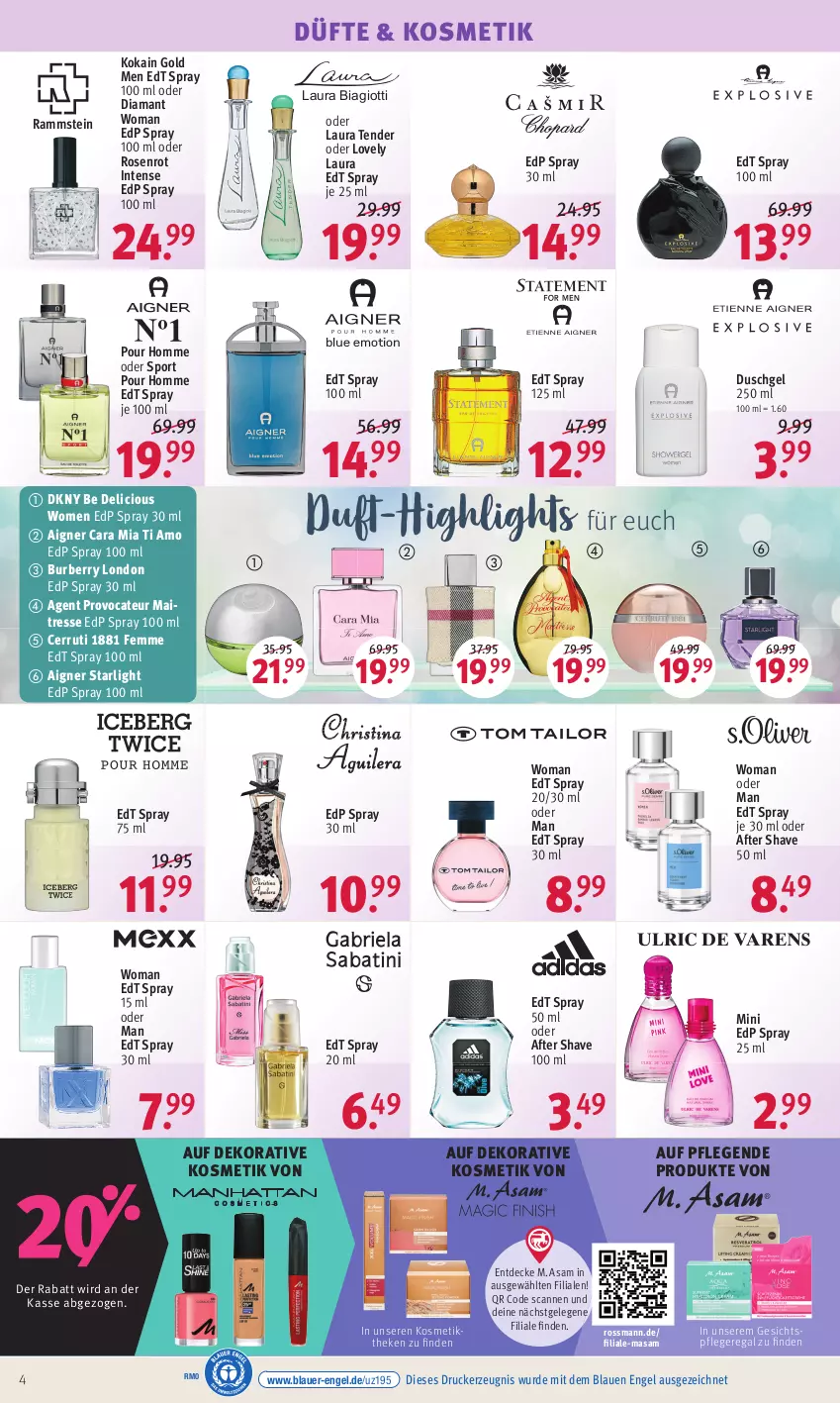 Aktueller Prospekt Rossmann - Prospekte - von 31.01 bis 04.02.2022 - strona 4 - produkty: after shave, aigner, auer, Burberry, cerruti 1881, decke, DKNY, drucker, duschgel, edp spray, edt spray, Engel, gesichtspflege, kerze, kosmetik, laura biagiotti, regal, rosen, Sport, starlight, tender, Ti