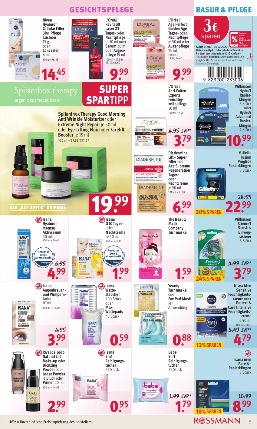 Aktueller Prospekt Rossmann - Prospekte - von 31.01 bis 04.02.2022 - strona 5 - produkty: anti-falten experte, Augenpflege, Bebe, bio, cellular filler, coupon, creme, Diadermine, einwegrasierer, eis, elle, feuchtigkeitscreme, feuchtigkeitspflege, gesichtspflege, gillette, gin, hyaluron, isana, Loose, Make-up, Maske, nachtcreme, nachtpflege, natur, natura, nivea, Nivea Men, Q10, rasierer, Rasierklinge, rasierklingen, Reinigung, reinigungstücher, reis, Revital, revitalift, rum, sana, Serum, spartipp, teller, Ti, Tiere, tuc, tücher, tuchmaske, vita, wattepads, Wattestäbchen, wilkinson