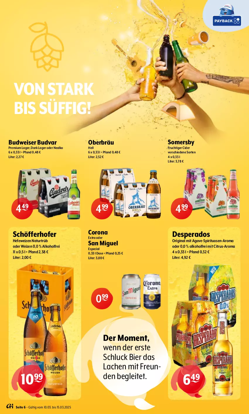 Aktueller Prospekt Getraenke Hoffmann - Prospekte - von 16.03.2025 bis 15.03.2026 - strona 6 - produkty: alkohol, bier, budweiser, cider, citrus, corona, corona extra, desperados, eis, frucht, gin, Hefe, hefeweizen, natur, schöfferhofer, somersby, spirituosen, Ti