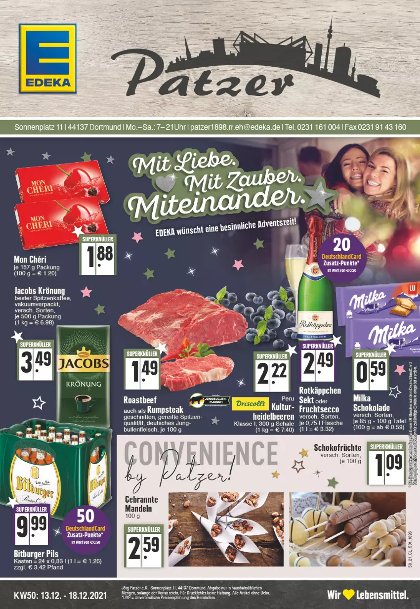 Aktueller Prospekt Edeka - Angebote der Woche - von 13.12 bis 18.12.2021 - strona 1 - produkty: beere, beeren, deutschlandcard, eis, elle, flasche, fleisch, früchte, heidelbeere, heidelbeeren, jacobs, jacobs krönung, kaffee, lebensmittel, milka, milka schokolade, reis, rotkäppchen, Schal, Schale, schnitten, schoko, schokolade, sekt, teller, Ti