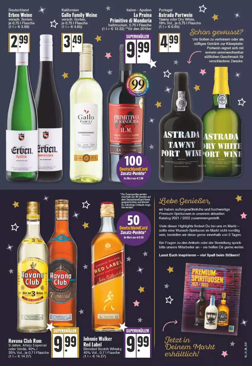 Aktueller Prospekt Edeka - Angebote der Woche - von 13.12 bis 18.12.2021 - strona 27 - produkty: Astra, blended scotch, blended scotch whisky, chardonnay, deutschlandcard, elle, erde, flasche, gallo, gallo family, getränk, Havana Club, johnnie walker, Käse, latte, LG, mac, Portwein, primitivo, rum, scotch, scotch whisky, Soße, Ti, weck, wein, weine, whisky