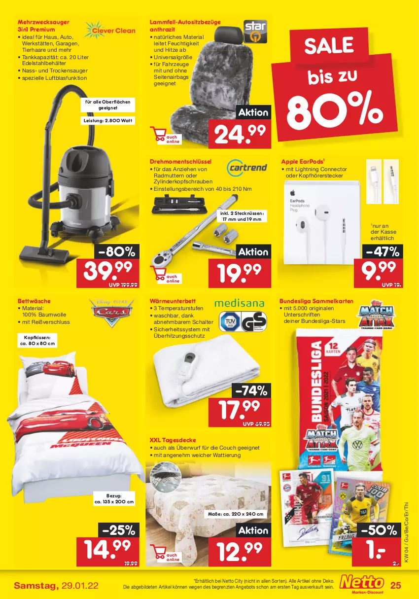 Aktueller Prospekt Netto Marken-Discount - Filial-Angebote - von 24.01 bis 29.01.2022 - strona 25 - produkty: angebot, Apple, auto, Bau, baumwolle, Behälter, bett, bettwäsche, Couch, decke, edelstahl, eis, elle, gin, kissen, kopfhörer, kopfkissen, lamm, Lammfell, LG, Pods, Ria, Schal, schrauben, Spezi, tagesdecke, Ti, Trockensauger, überhitzungsschutz, weck, wolle, ZTE