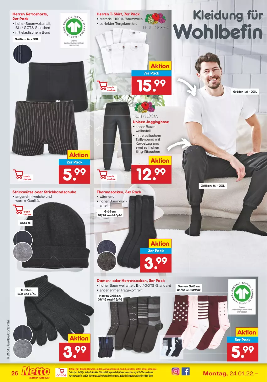 Aktueller Prospekt Netto Marken-Discount - Filial-Angebote - von 24.01 bis 29.01.2022 - strona 26 - produkty: asti, Bau, baumwolle, bio, eis, gin, handschuhe, Herrensocken, hose, Jogginghose, kleid, Kleidung, Mütze, ndk, reis, retroshorts, Ria, schuhe, shirt, shorts, socken, T-Shirt, Tasche, taschen, Ti, tisch, versandkostenfrei, wolle