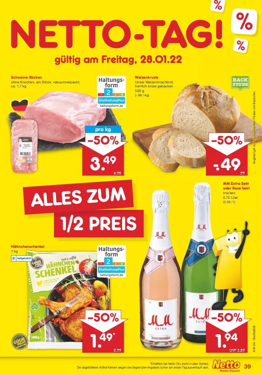 Aktueller Prospekt Netto Marken-Discount - Filial-Angebote - von 24.01 bis 29.01.2022 - strona 39 - produkty: angebot, backofen, brot, eis, geback, hähnchenschenkel, henkel, mm extra, Ofen, reis, schenkel, schwein, schweine, sekt, stube, Ti, wein, weine, weizenmischbrot, ZTE