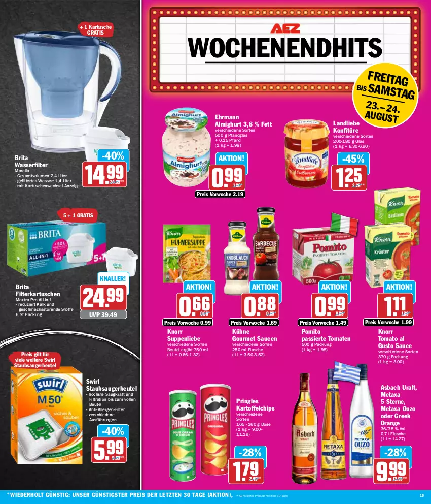 Aktueller Prospekt Aez - Prospekte - von 19.08 bis 24.08.2024 - strona 15 - produkty: almighur, almighurt, asbach uralt, beutel, brita, chips, ehrmann, ehrmann almighurt, eis, filterkartuschen, flasche, kartoffel, kartoffelchips, knorr, konfitüre, kraft, Kühne, landliebe, mac, Maxtra, Metaxa, orange, ouzo, pomito, pringles, reis, rel, ring, sauce, saucen, staubsauger, staubsaugerbeutel, suppe, suppen, suppenliebe, swirl, Ti, tomate, tomaten, tomato al gusto, wasser, wasserfilter, wasserfilter marella, ZTE