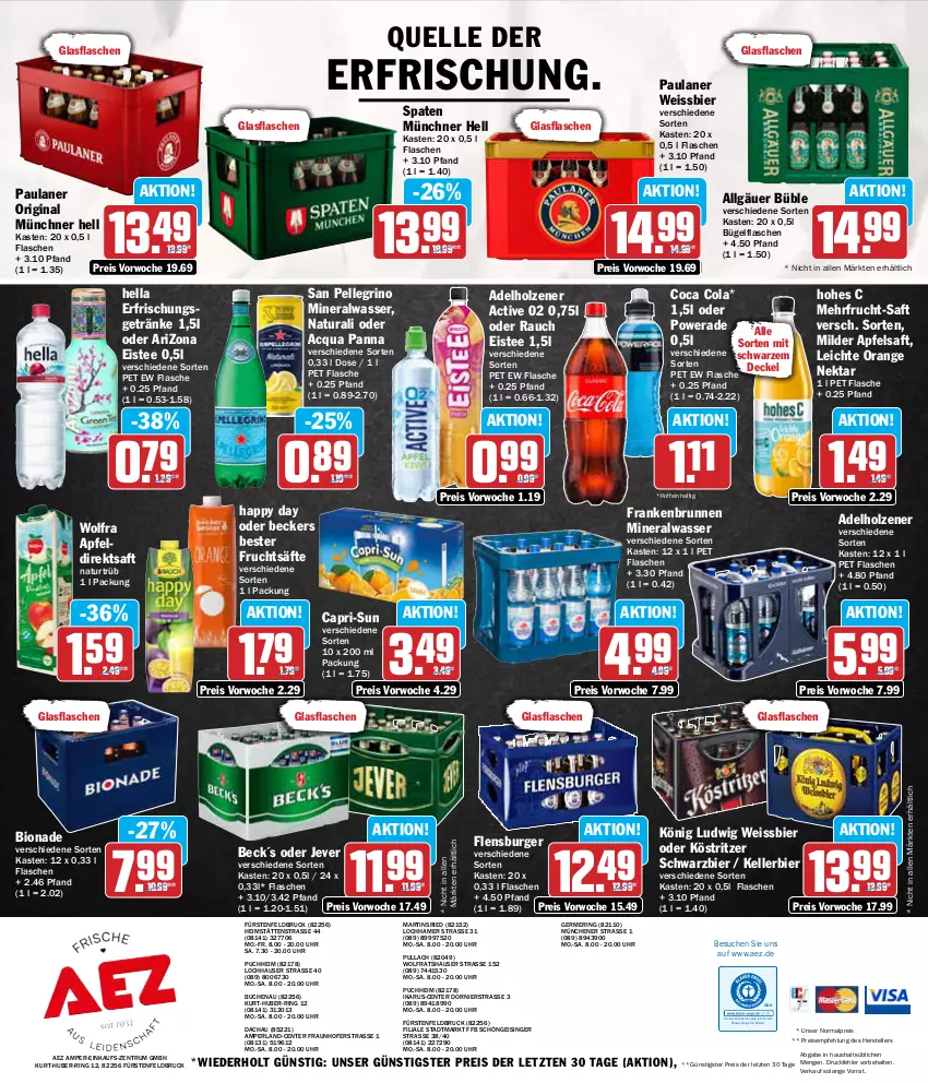 Aktueller Prospekt Aez - Prospekte - von 19.08 bis 24.08.2024 - strona 16 - produkty: adelholzener, AEZ, Alwa, apfel, Apfeldirektsaft, apfelsaft, Beckers Bester, bier, bio, bionade, brunnen, buch, bügel, bügelflasche, burger, Cap, capri-sun, cola, decke, Deckel, direktsaft, drucker, eis, eistee, elle, Engel, ente, erfrischungsgetränk, erfrischungsgetränke, fisch, flasche, flensburger, frucht, fruchtsäfte, Germ, getränk, getränke, gin, glasflasche, Happy Day, hella, Hohes C, Holz, jever, kellerbier, kerze, köstritzer, LG, mineralwasser, natur, natura, Nektar, orange, Paula, paulaner, perla, Rauch, reis, ring, rum, saft, säfte, san pellegrino, Spaten, tee, teller, Ti, uhr, wasser, weissbier, ZTE