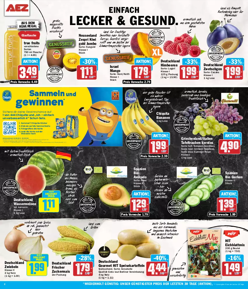 Aktueller Prospekt Aez - Prospekte - von 19.08 bis 24.08.2024 - strona 2 - produkty: auer, aufstrich, aus dem kühlregal, avocado, banane, bananen, Bau, beere, beeren, berliner, beutel, bio, bio gurken, braten, brot, brotaufstrich, butter, chiquita, curry, discount, eis, Elan, elle, flasche, fleisch, frucht, früchte, fruchtfleisch, gewinnspiel, glasflasche, grill, gurke, gurken, himbeer, himbeere, himbeeren, ideal zum grillen, jumbo, kartoffel, kartoffeln, kiwi, Kiwi Gold, kuchen, kühlregal, mac, mais, mango, marmelade, melone, nuss, regal, reis, salat, Schal, Schale, smoothie, smoothies, speisekartoffeln, tafeltrauben, Ti, tisch, trauben, true fruits, wasser, wassermelone, zespri, ZTE, zucker, zuckermais, zwiebel, zwiebeln