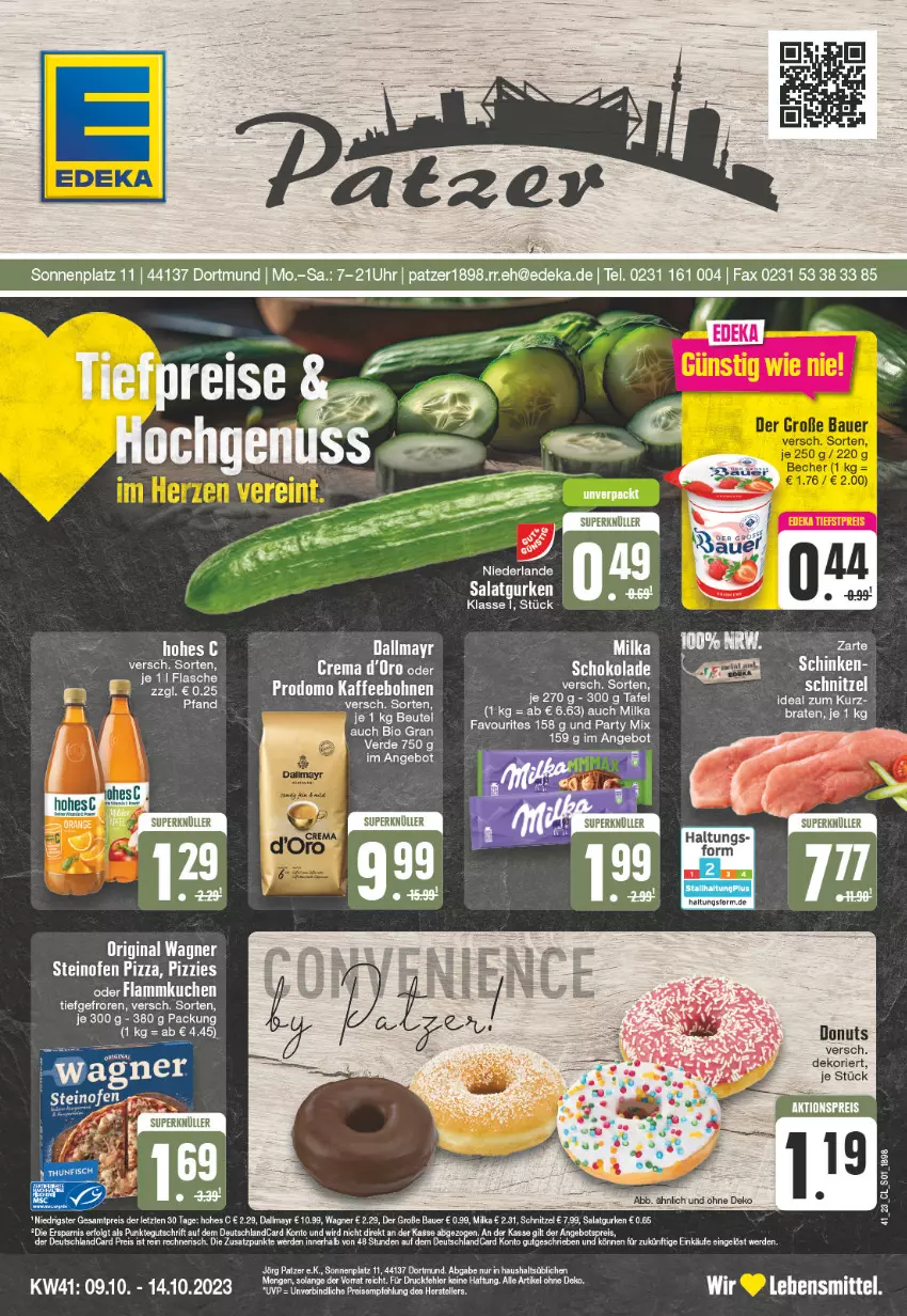 Aktueller Prospekt Edeka - Angebote der Woche - von 02.10 bis 07.10.2023 - strona 1 - produkty: angebot, angebotspreis, ball, Bebe, braten, brot, dallmayr, deutschlandcard, Donut, donuts, eis, erde, flammkuchen, flasche, gin, gurke, gurken, Hohes C, kuchen, lamm, lebensmittel, LG, milka, Ofen, original wagner, pizza, reis, salat, Salatgurke, salatgurken, schinken, steinofen, steinofen pizza, Ti, wagner, ZTE