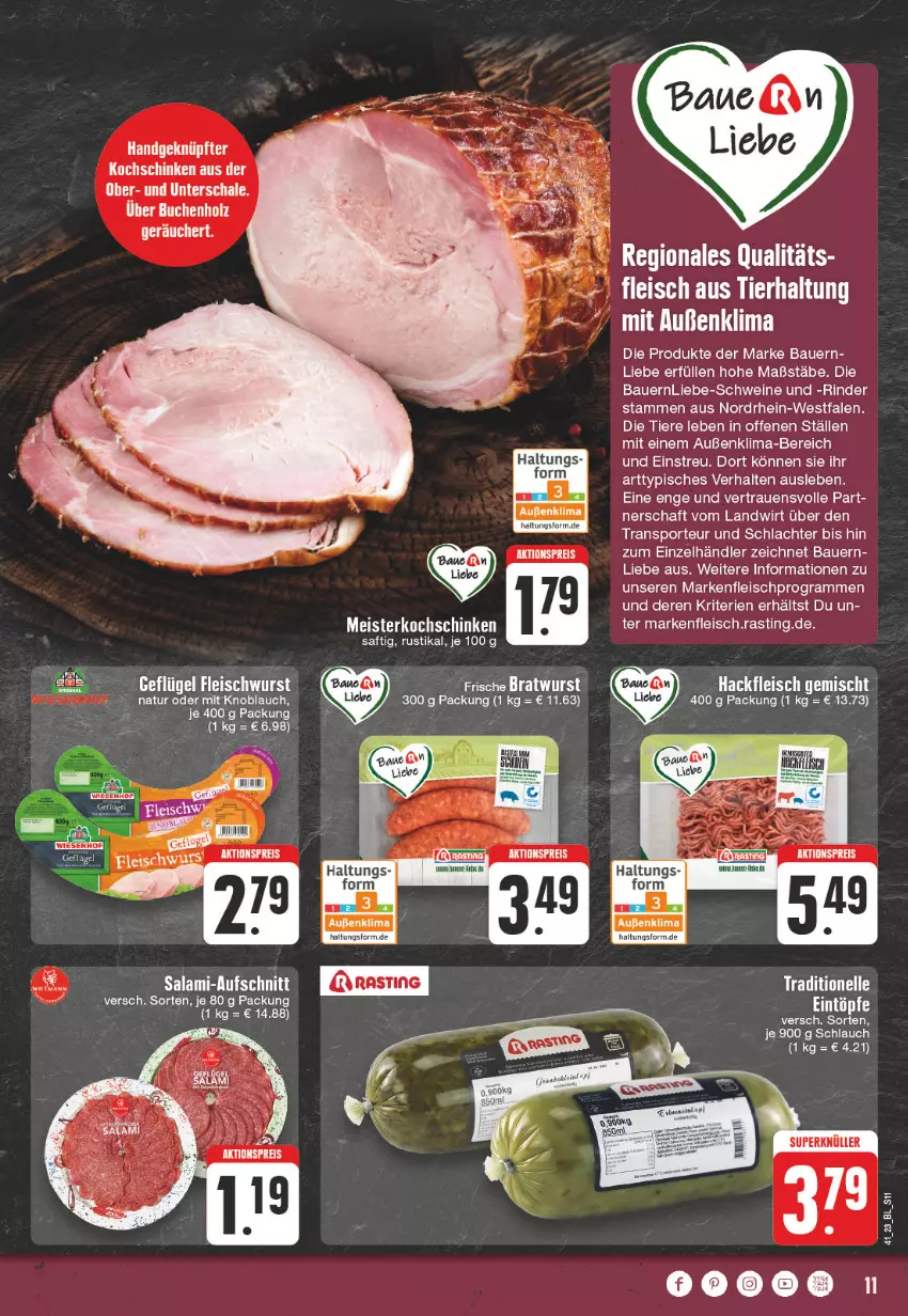 Aktueller Prospekt Edeka - Angebote der Woche - von 02.10 bis 07.10.2023 - strona 11 - produkty: aktionspreis, asti, auer, aufschnitt, Bau, Bauer, eis, elle, fleisch, fleischwurst, Geflügel, hackfleisch, hackfleisch gemischt, HP, knoblauch, kochschinken, Meister, mit knoblauch, natur, reis, rind, rinder, saft, salami, schinken, schlauch, schwein, schweine, Sport, Ti, Tiere, wein, weine, wurst