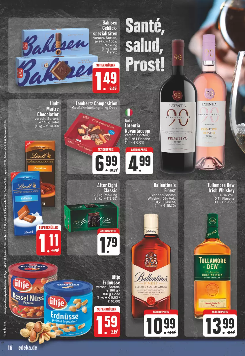 Aktueller Prospekt Edeka - Angebote der Woche - von 02.10 bis 07.10.2023 - strona 16 - produkty: after eight, aktionspreis, Amber, bahlsen, ball, blended scotch, blended scotch whisky, cola, eis, gebäckmischung, irish whiskey, lambertz, lindt, primitivo, reis, SANTE, scotch, scotch whisky, Spezi, Ti, tullamore, tullamore dew, ültje, whiskey, whisky, ZTE