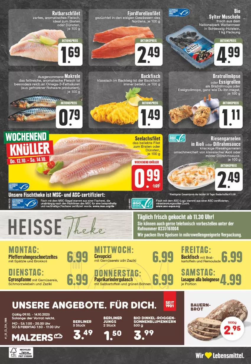 Aktueller Prospekt Edeka - Angebote der Woche - von 02.10 bis 07.10.2023 - strona 24 - produkty: aioli, aktionspreis, angebot, angebote, aqua, backfisch, berliner, bio, blume, blumen, eis, elle, essig, filet, fisch, fische, Fischer, fleisch, garnelen, lachs, lachsfilet, malz, mikrowelle, omega, Omega-3, reis, riesengarnelen, Rotbarsch, rotbarschfilet, sauce, Schere, seelachsfilet, sonnenblume, sonnenblumen, telefon, Ti, tisch, uhr, ZTE